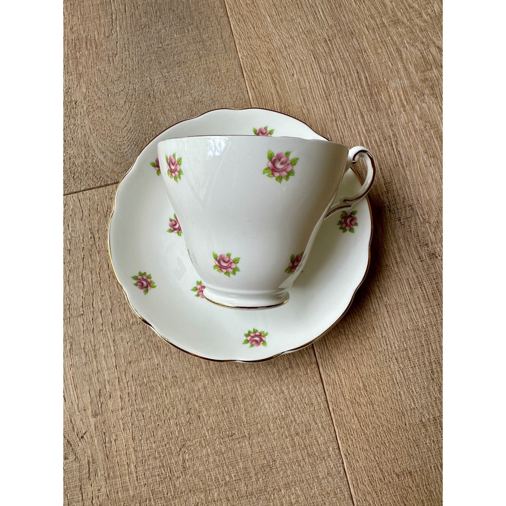 Vintage Regency English Bone China Tea Cup Set Pink Rosebud Gold Trim England